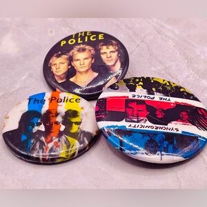 3 Vintage The Police Band Pin Back Button Set from the 80s.